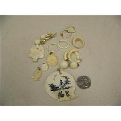 Lot of: 1 scrimshawed ivory pendant, 4 ivory pendant, 3 ivory rings, 3 pair ivory earrings, ivory ro