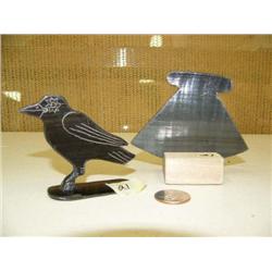 Baleen ulu by Robert Crumley on wood base and 3" baleen raven by Robert Crumley (2)