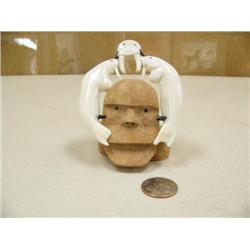 Whale bone King Island mask with 2 ivory walrus by Mark Seeganna (2)