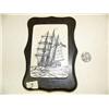 Image 1 : Fantastic scrimshawed triple masted sailing vessel by D.A.M, on whale bone mounted on wood, Alaska C