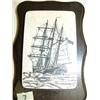 Image 2 : Fantastic scrimshawed triple masted sailing vessel by D.A.M, on whale bone mounted on wood, Alaska C