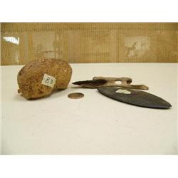 Fossilized whale ear drum, slate artifact ulu blade, ancient seal harpoon (2)