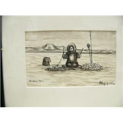 Original George Ahgupuk pen and ink on reindeer skin 3.5"x5.75" woman fishing (2)