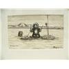 Image 2 : Original George Ahgupuk pen and ink on reindeer skin 3.5"x5.75" woman fishing (2)