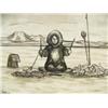 Image 3 : Original George Ahgupuk pen and ink on reindeer skin 3.5"x5.75" woman fishing (2)