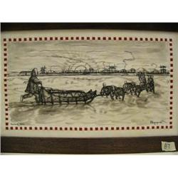 George Ahgupuk on caribou skin 7.5"x12.5" man on dog team approaching village circa 1950 (187)