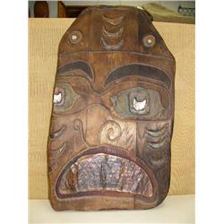 CHOICE on 2 - 33" carved cedar Tlingit wall masks inlayed with copper and abalone by JAX in 1978 fro