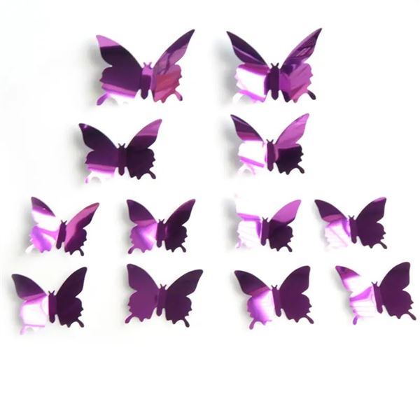 Lot of 12 New Metallic Shiny Butterfly Wall Decor | New | Easy Peel and Stick | Purple/Magenta | On 