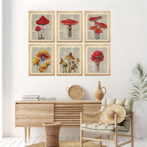 Lot of 6  8x10" Mushroom Vintage Pictures on Polyster Fibre | Good Quality | Unframed