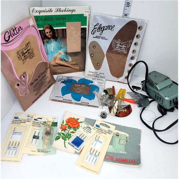 Lot of Vintage Hosiery & Sewing Notions and Sewing Machine Parts