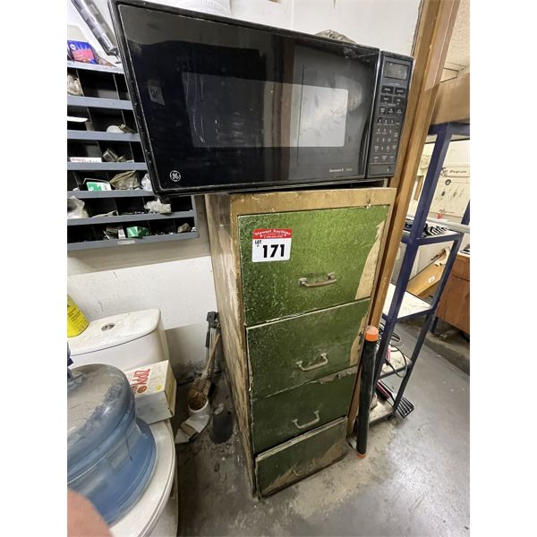 Filing Cabinet with Various Motorcycle Parts, Microwave