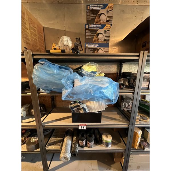 Contents on Shelving, Chamois, Mesh, Gutter Guard, 2 RV Tire Covers (not shelving)