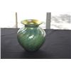 Image 2 : LUNGBERG STUDIOS GREEN GLASS VASE W/GOLD INTERIOR (6 1/4") & GREEN GLASS VASE W/BLUE STRIPES FROM RO