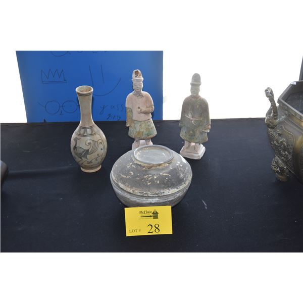 CHINESE ARCHAIC FIGURES, BOWL & VASE (4 PCS)