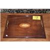 Image 1 : EDWARDIAN MAHOGANY & MAPLE INLAID SHELL RECTANGLE SERVING TRAY W/HANDLES