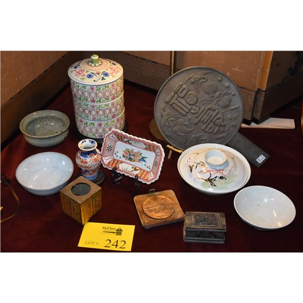 MIXED LOT: BOWLS, VASE, STACKING COVERED DISH, MIRROR, BOX, ETC. W/STANDS (11 PCS)