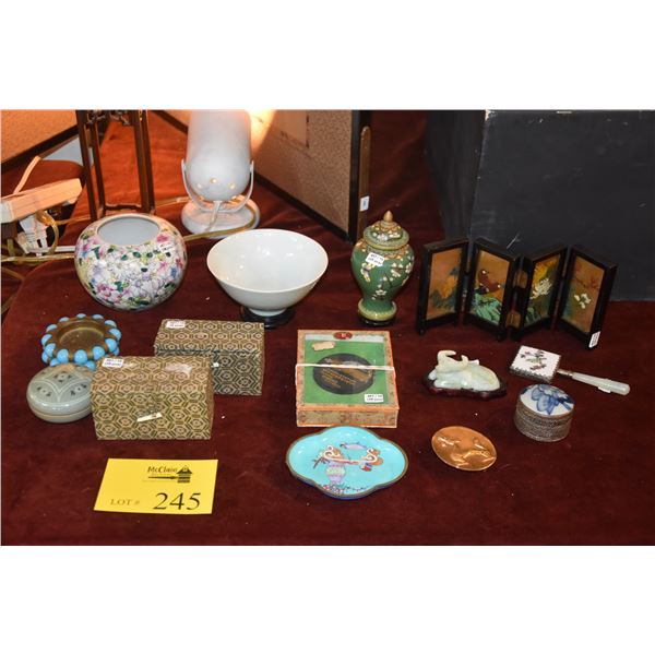 MIXED CHINESE LOT: BOWLS, TRAYS, MINI SCREEN, CLOISONNE, FIGURINES, MIRROR, BELT BUCKLE, CHOPSTICK H
