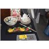 Image 1 : MIXED LOT: NEIMAN MARCUS STEAK KNIVES, BOWL, TEAPOT, LUNCHEON PLATES, MYSTIC MUD STUDIO CERAMIC PLAT