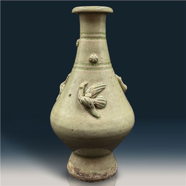Antique Chinese Song Dynasty Style Green Crackle Glaze Vase Decorated With Birds