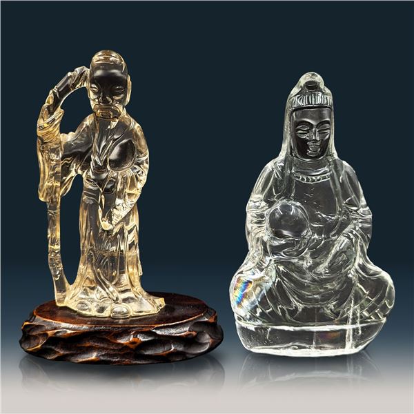 Pair Of Finely Carved Chinese Crystal Quartz Sculptures, Guan Yin And Longevity God
