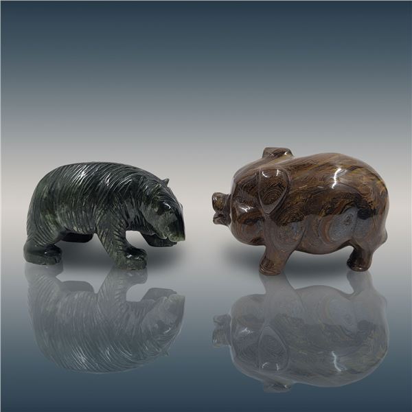 Pair Of Finely Carved Sculptures, Tiger's Eye Pig And Nephrite Jade Bear