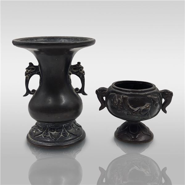 Pair Of Chinese Bronze Miniature Vessels, Both With Animal Head Handles