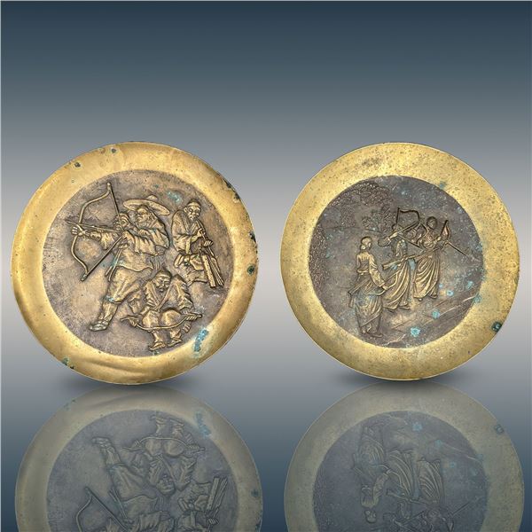 Pair Of Antique Chinese Brass Relief Wall Plates