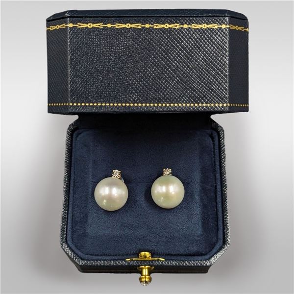 Fine 15mm South Sea Pearl, Diamond, And 18K Gold Stud Earrings With Original Box