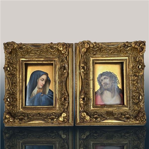 1840-Pair Of Finely Painted Portraits On Porcelain Jesus & Our Lady Of Sorrows KPM Quality