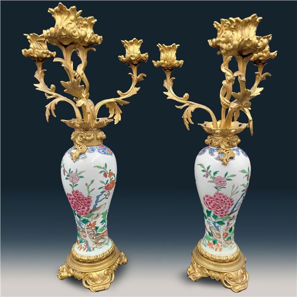 Pair Of 18th C Chinese Export Porcelain Vases Mounted On Ormolu Bronze Candelabras