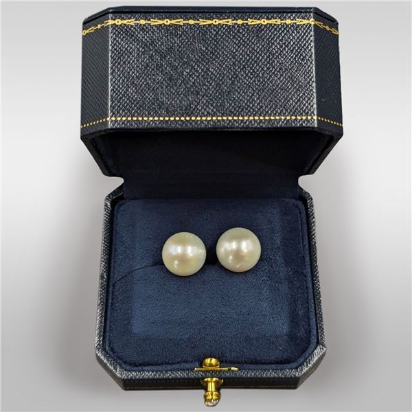 Fine 15mm South Sea Pearl And 18K Gold Stud Earrings With Original Box