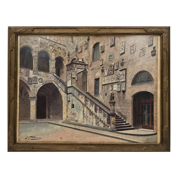 Fine Italian Watercolor Painting Bargello Castle Florence Italy Giovanni Giuliani 1893-1965