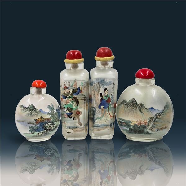 Lot Of 4 Inside Painted Chinese Snuff Bottles, 2 Large Ones With Calligraphy