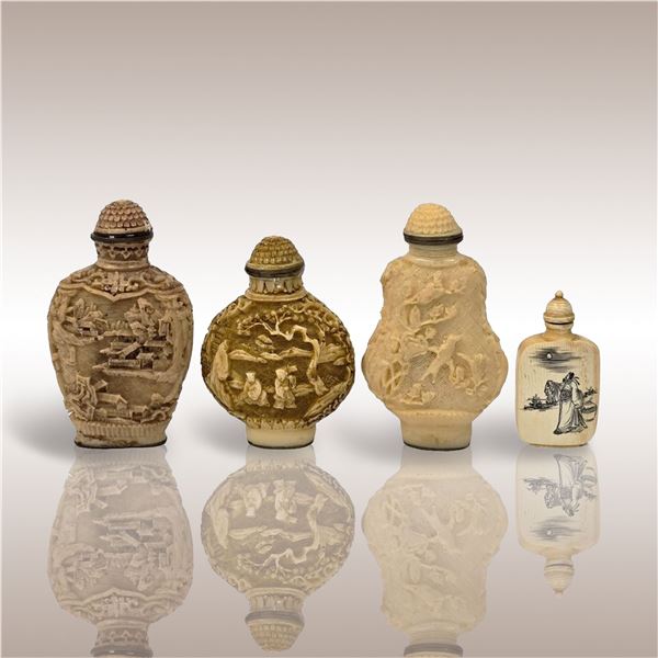 Lot Of 4 Chinese Snuff Bottles With Calligraphy And Marks, 3 Are Made Of Resin