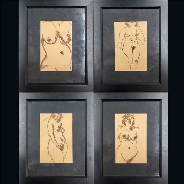 Lot Of 4 Unsigned Charcoal Gesture Figure Drawings