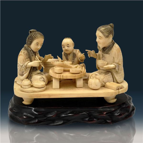 A large Grouping Of Japanese Figures 19th Century "DINNER" Carved From Whale OOSIK