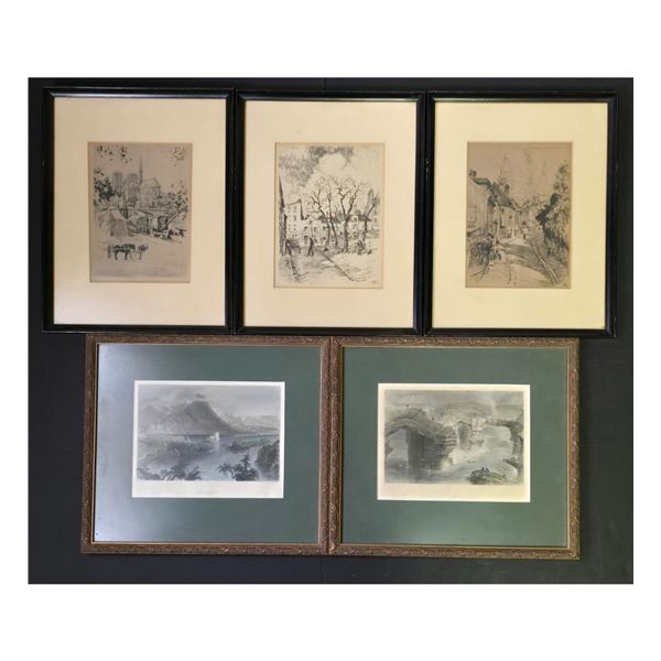 Pair Of W.H Bartlett Engravings Colored And 3 Etchings Other Artist ( 5 Framed Pieces)