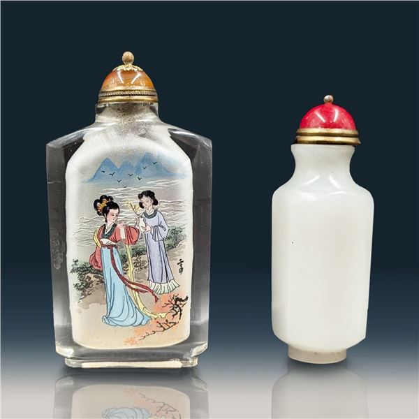 Pair Of Chinese Snuff Bottles, One Carved Jade And One Inside Painted Glass