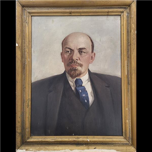Signed Large Oil On Canvas Portrait Painting Of Vladimir Lenin, 1961