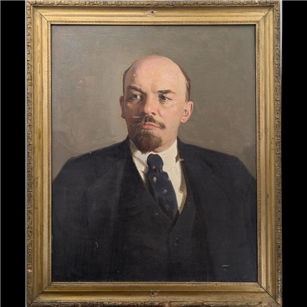 Very Large Oil On Canvas Portrait Painting Of Vladimir Lenin, 20th Century, With Photograph