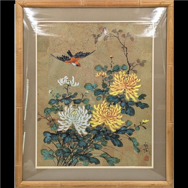 Vintage Chinese Tempera Paint On Paper Flower And Bird Painting, With Calligraphy And Seal Mark