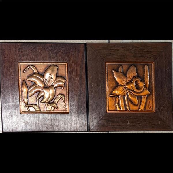 Pair Of Mid-Century Modern Bruce Fox Framed Hammered Copper Floral Art Plaques