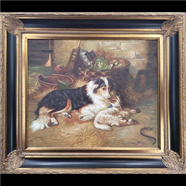 W. Audrey Signed Oil On Canvas 20th C Portrait Of Collie Dog