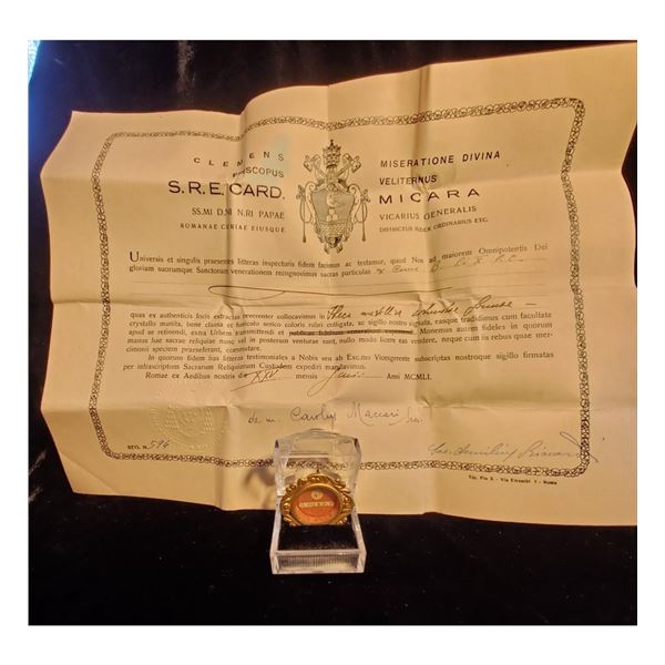 1st class relic (carne) of Blessed Pius X with authentication document dated 1951