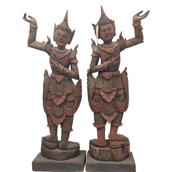 A Pair Of Hand Carved Wooden Thai Figures "DANCERS"