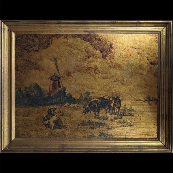 Large Signed Luis Ortega Mixed Media On Gilt Board Scenic Painting