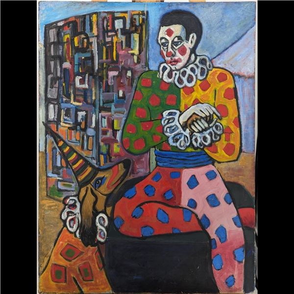 Signed "Johnson" Acrylic On Canvas Clown Painting