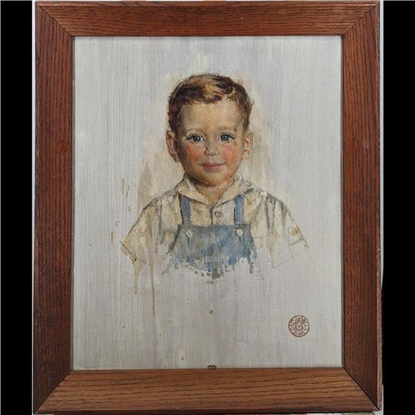 Vintage Initialed Catherine Richardson Kane Acrylic On Board Child Portrait Painting, 1946