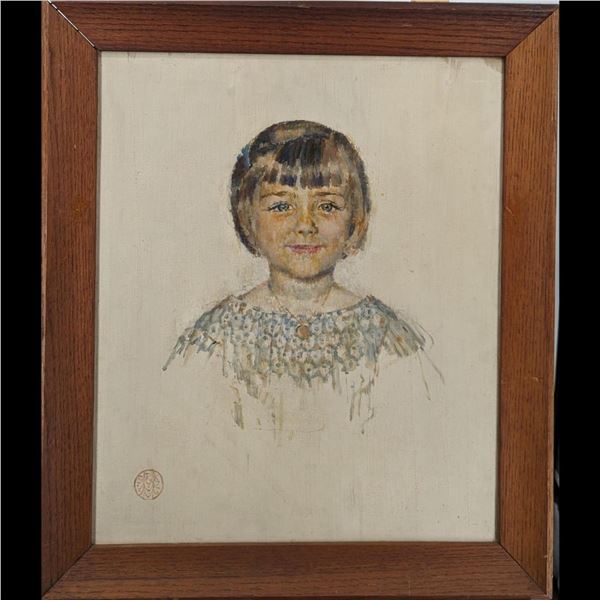 Vintage Initialed Catherine Richardson Kane Acrylic On Board Child Portrait Painting, 1951
