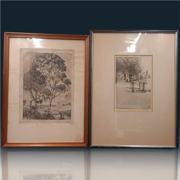 Pair Of Etchings "Eucalyptus Tree" By W.R. Locke & "Strand-On-The-Green, London" By A. Hugh Fisher